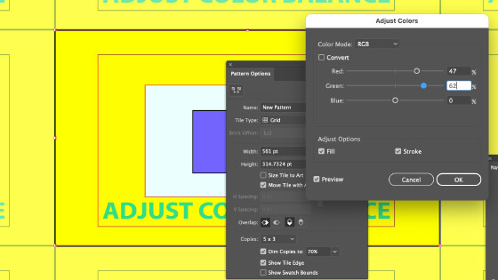 color adjust balance and Illustrator pattern editor