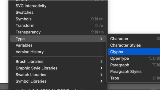 Illustrator menu commands for the type panels and also the glyphs panel