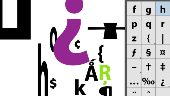 using the touch type feature combined with the glyph panel characters