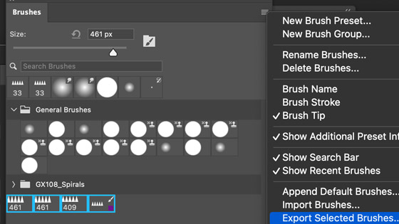 brush menu with brush name etc