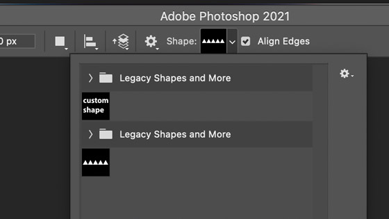 custom shapes panel with all the different legacy shapes available and others in Photoshop