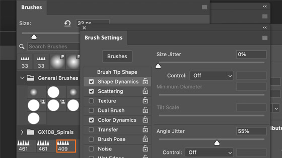 define brushes settings such as shape dynamics dual brush