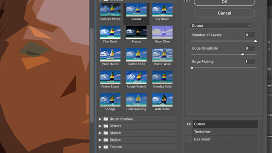 cutout filter settings in Photoshop