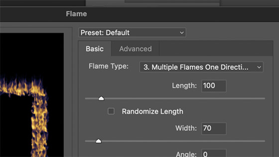 advanced Photoshop section for the flame filter