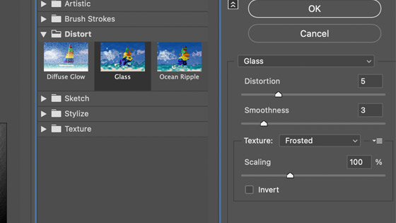 glass filter panel in the filter gellery in Photoshop