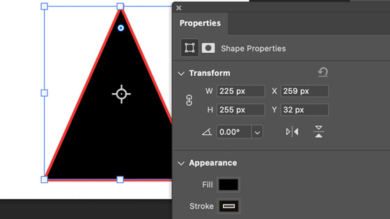 triangle and the shape properties panel in Photoshop