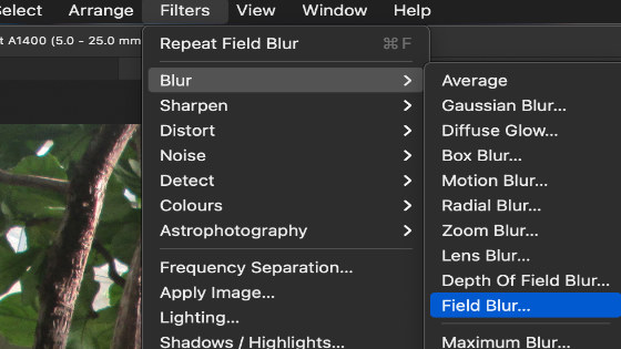 field blur menu in affinity photo