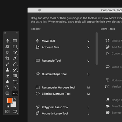 panel for tools customizing the toolbar in Photoshop