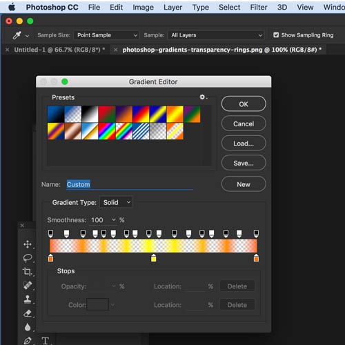 Photoshop gradients stops panel and adding transparency / opacity
