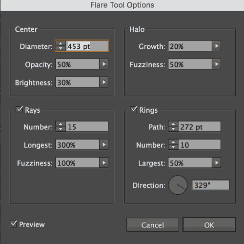 dialog for the flare tool for Adobe Illustrator