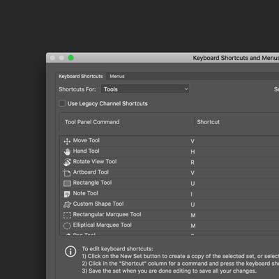keyboard shortcuts customization and tool panel