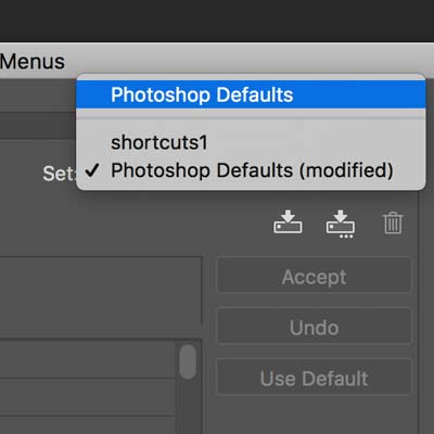 photoshop toolbar and reset shortcuts
