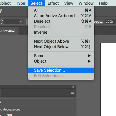 save selection illustrator menu